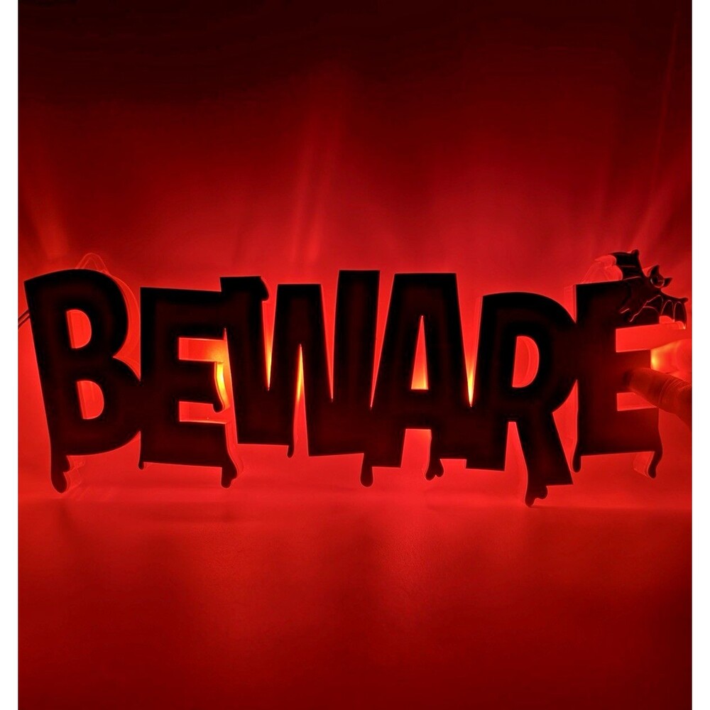 Gemmy Lighted BEWARE Halloween Wall Sign Bat Spooky LED Red Glow Halloween Decor